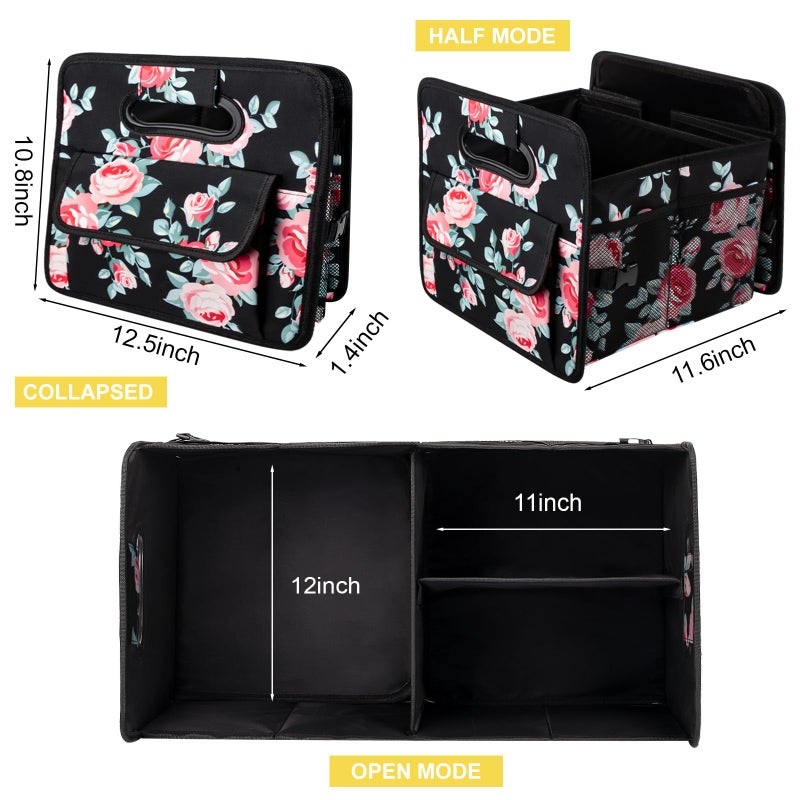 JiatuA Car Trunk Organizers and Storage Collapsible Multi Compartment Container Box, Adjustable Car Accessories for SUV Sedan Truck, Standard Size, Black Floral - Image 5